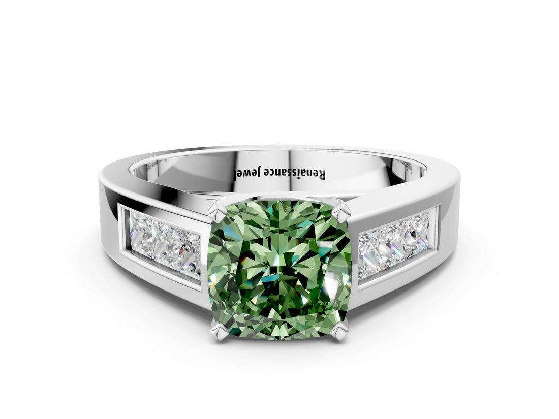 White gold Fancy Green Cushion Cut Cut Channel Set Solitaire Ring with Four-Prong Setting_12