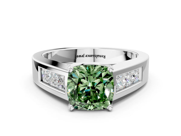 Platinum Fancy Green Cushion Cut Cut Channel Set Solitaire Ring with Four-Prong Setting