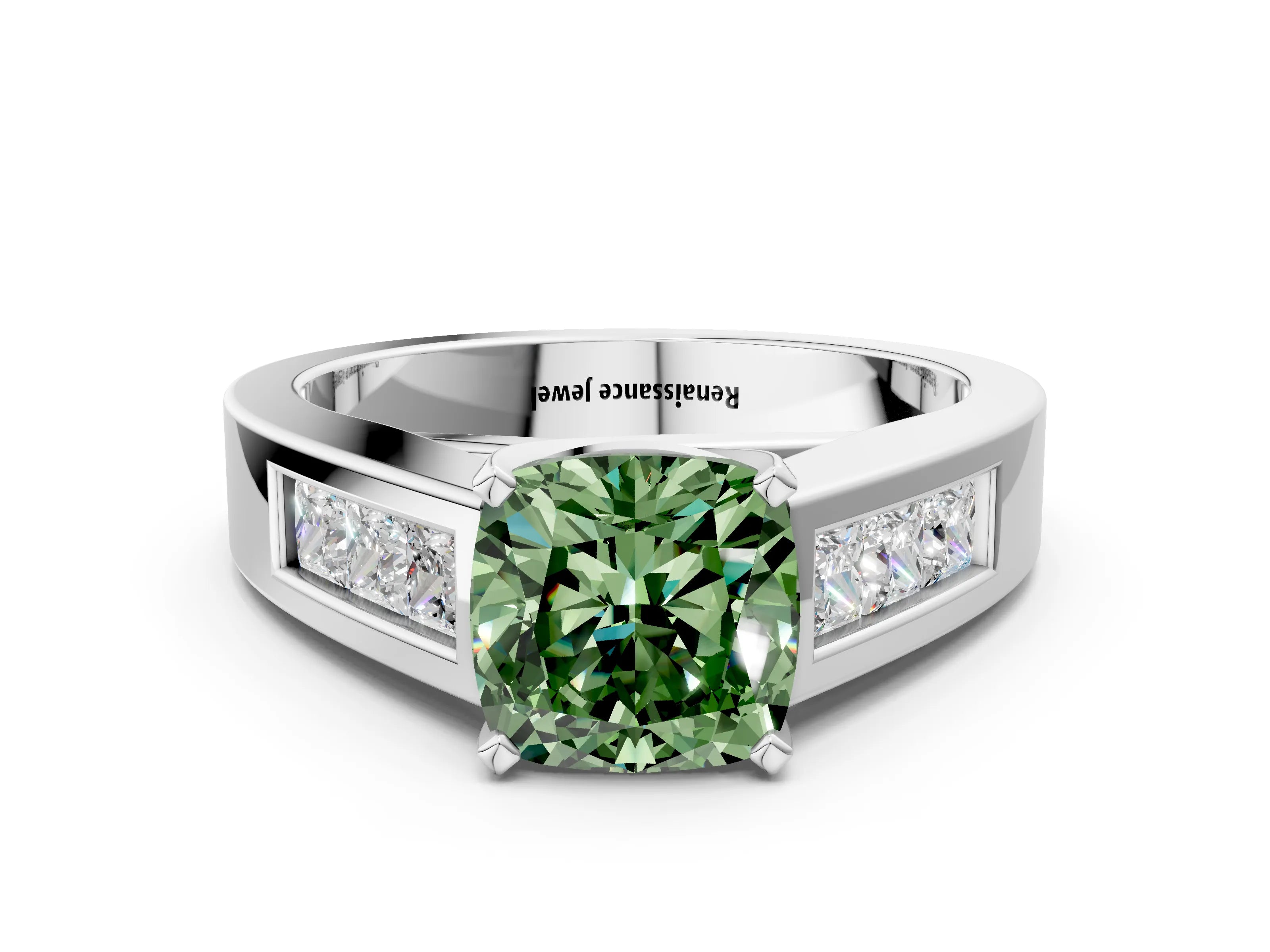 White gold Fancy Green Cushion Cut Cut Channel Set Solitaire Ring with Four-Prong Setting_12