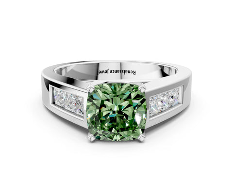 White gold Fancy Green Cushion Cut Cut Channel Set Solitaire Ring with Four-Prong Setting_12