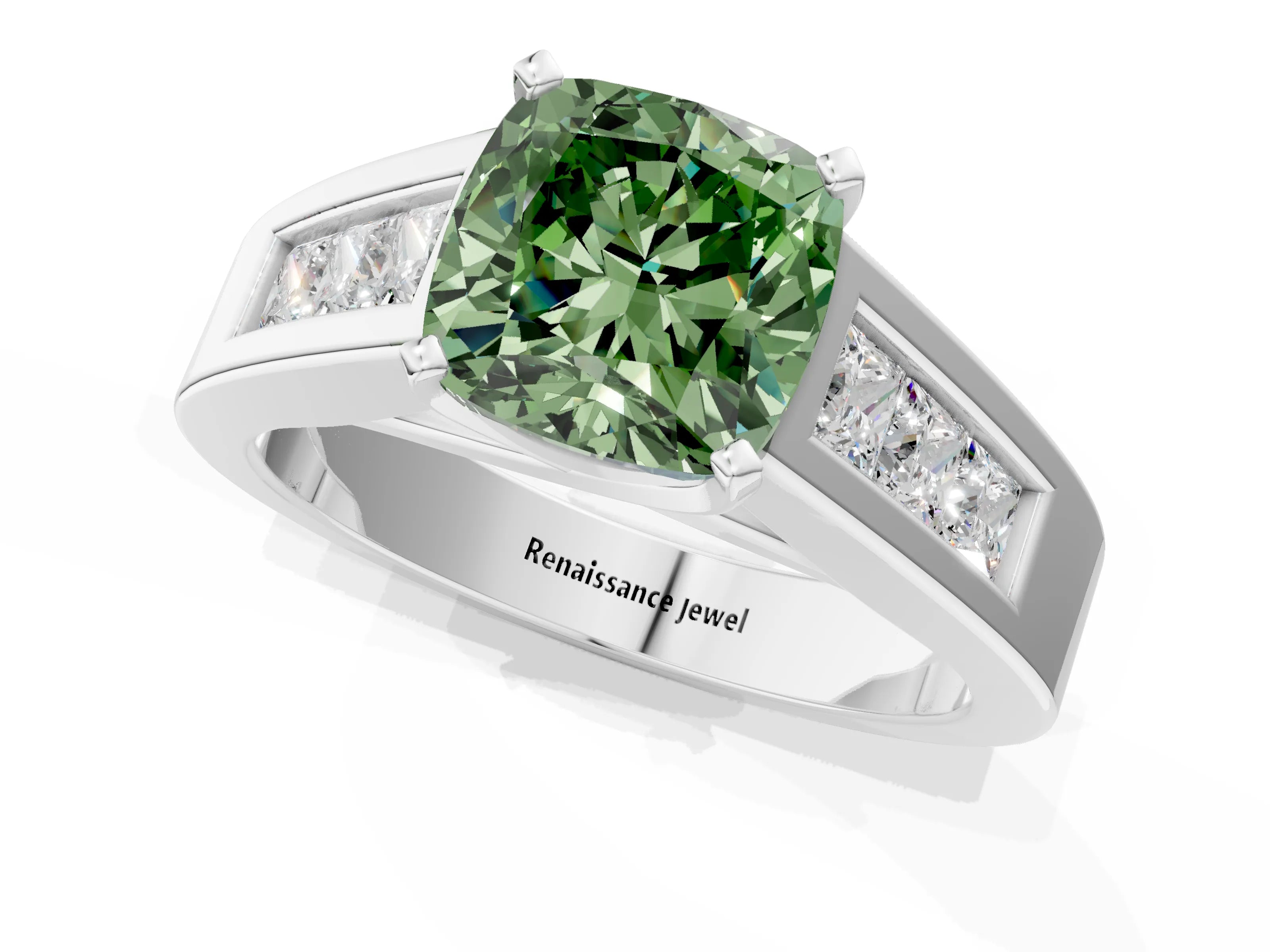 White gold Fancy Green Cushion Cut Cut Channel Set Solitaire Ring with Four-Prong Setting_13