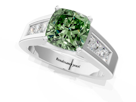 White gold Fancy Green Cushion Cut Cut Channel Set Solitaire Ring with Four-Prong Setting_13