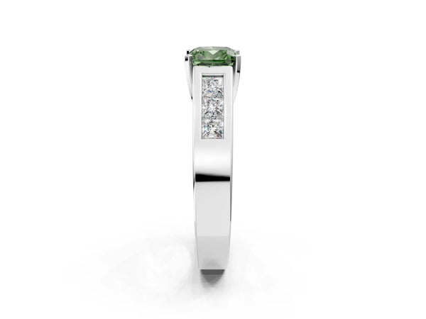 Platinum Fancy Green Cushion Cut Cut Channel Set Solitaire Ring with Four-Prong Setting