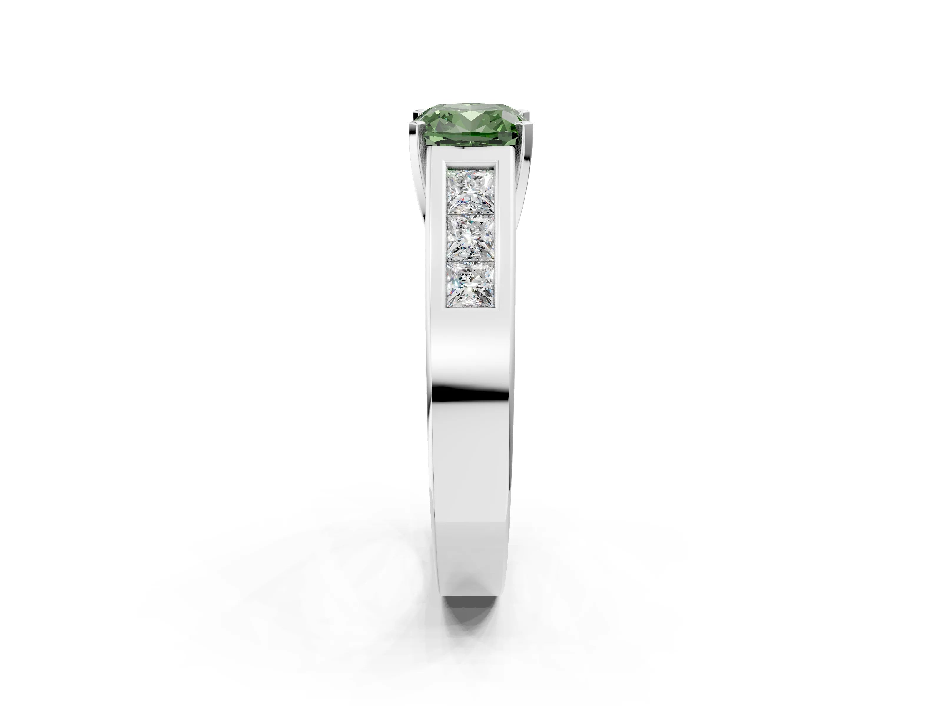 White gold Fancy Green Cushion Cut Cut Channel Set Solitaire Ring with Four-Prong Setting_14