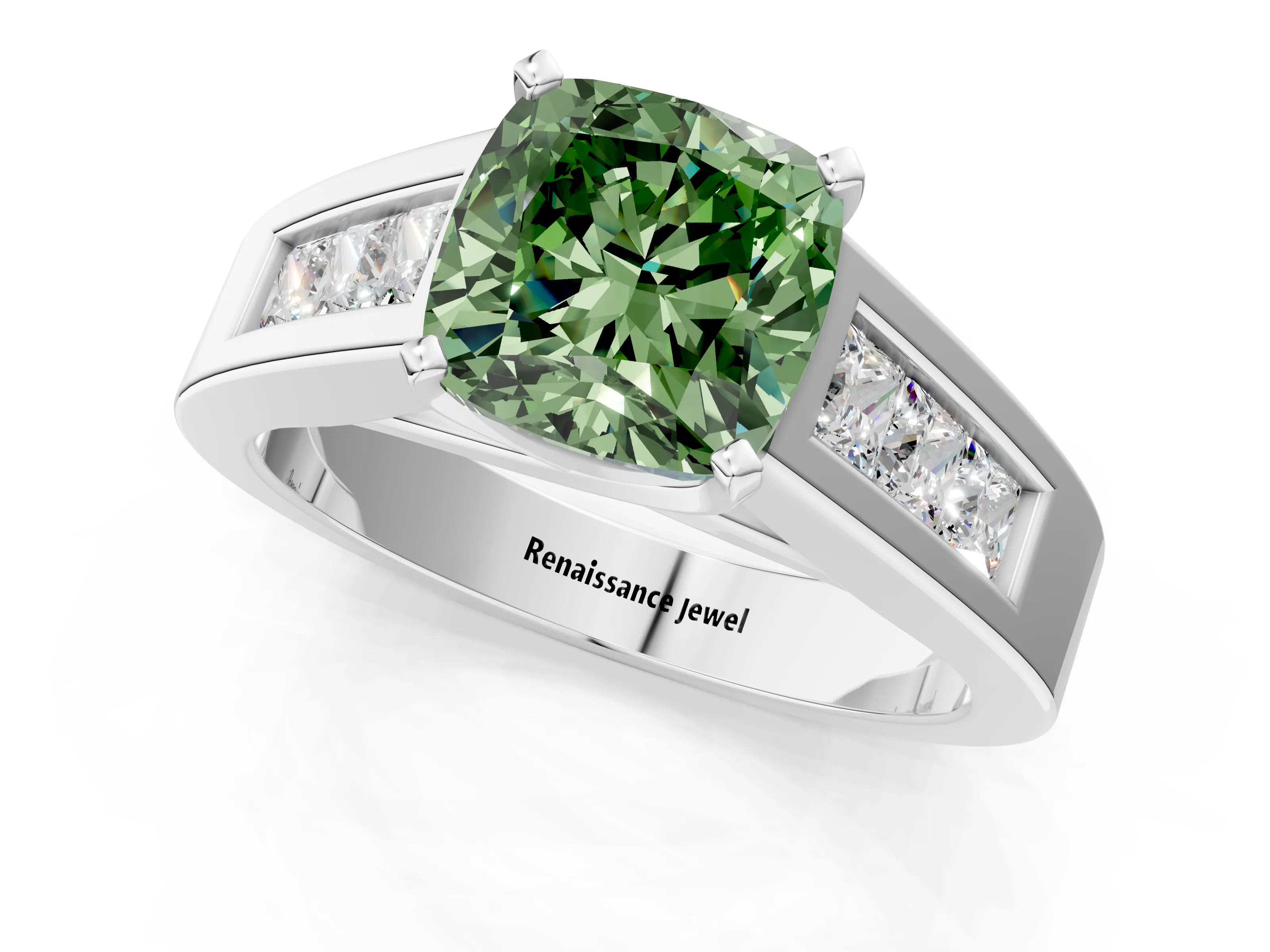 White gold Fancy Green Cushion Cut Cut Channel Set Solitaire Ring with Four-Prong Setting_1