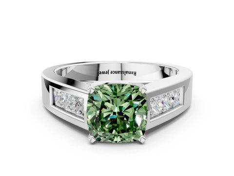 White gold Fancy Green Cushion Cut Cut Channel Set Solitaire Ring with Four-Prong Setting