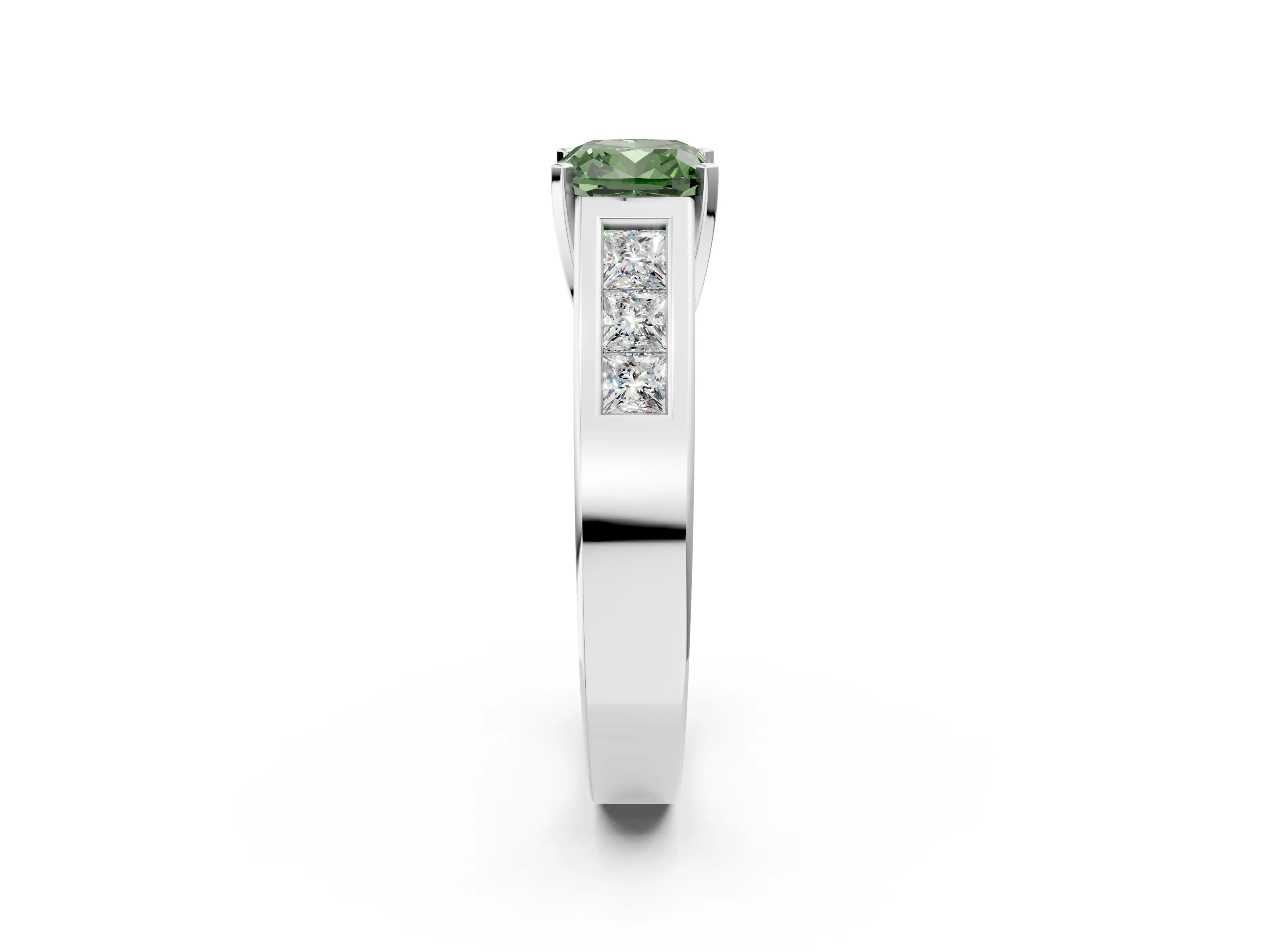 White gold Fancy Green Cushion Cut Cut Channel Set Solitaire Ring with Four-Prong Setting_2