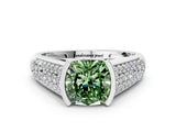 White gold Fancy Green Cushion Cut Cut Diamond Channel Set Pave Band with Tension Prong Setting