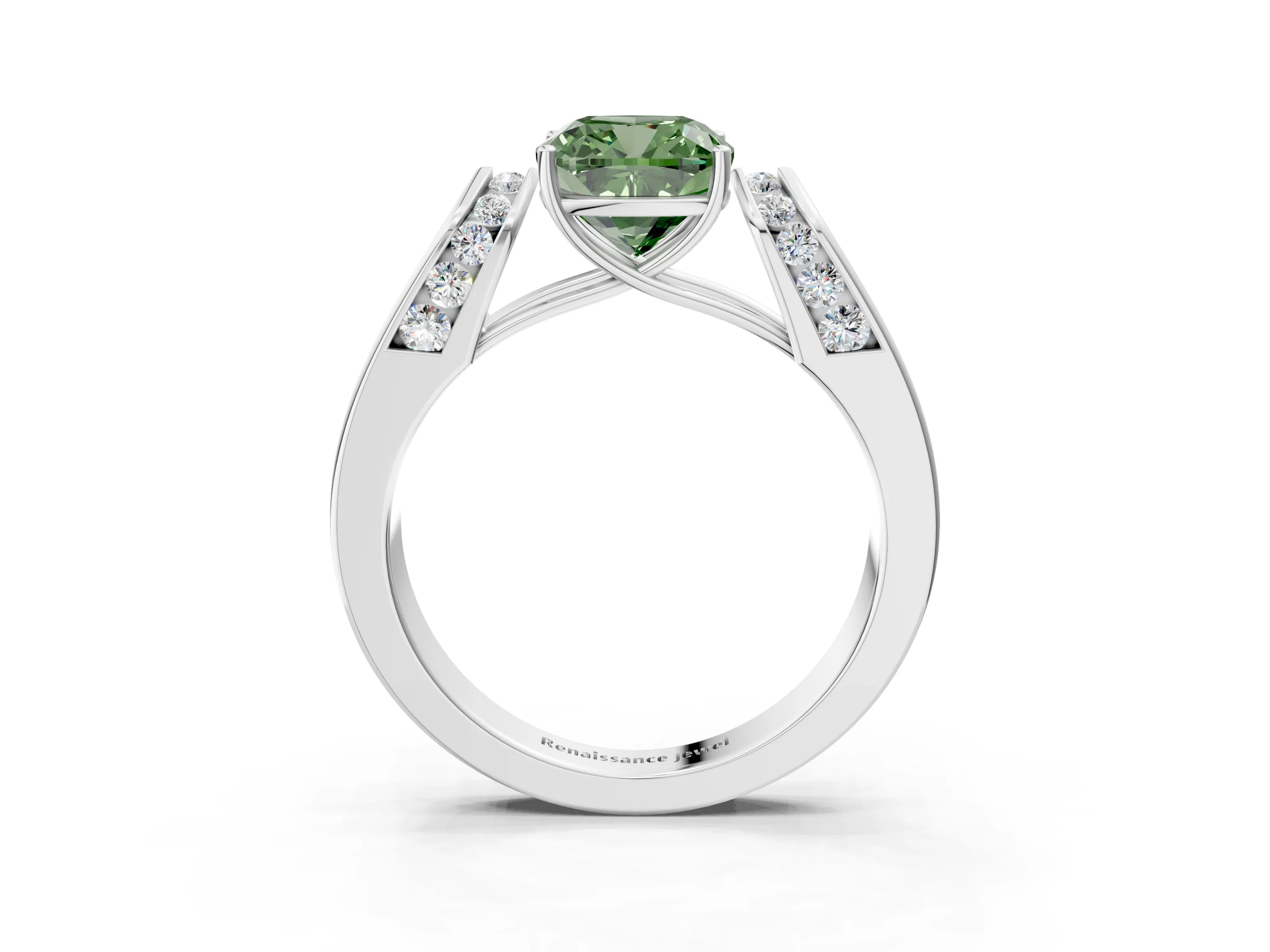 White gold Fancy Green Cushion Cut Cut Diamond Channel Set Solitaire Ring with Four-Prong Setting_27