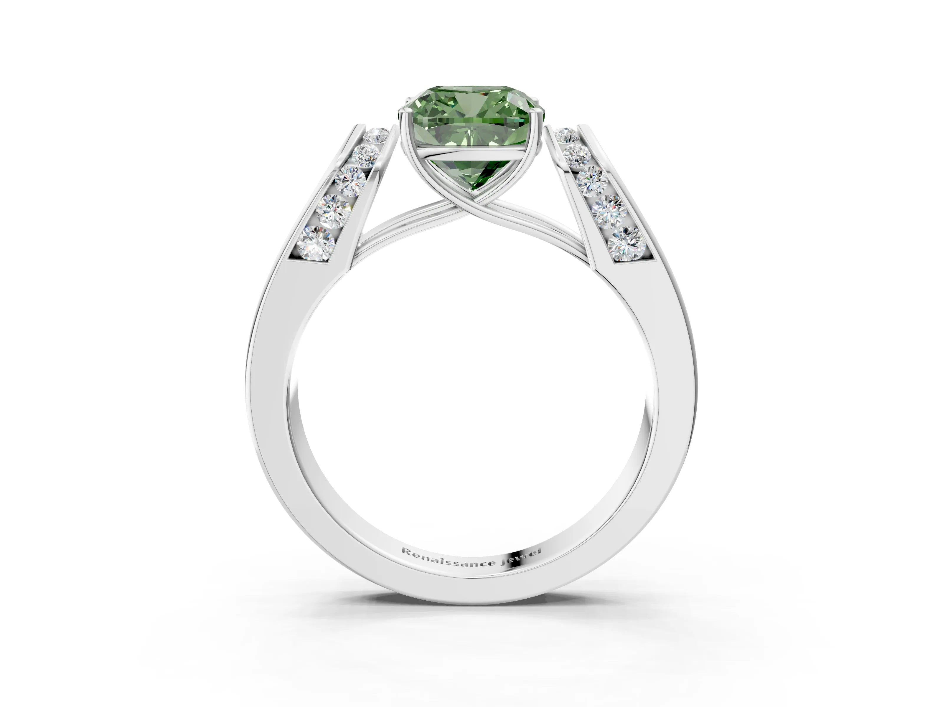 White gold Fancy Green Cushion Cut Cut Diamond Channel Set Solitaire Ring with Four-Prong Setting_3