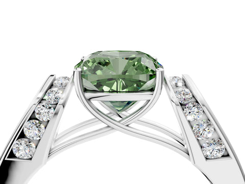White gold Fancy Green Cushion Cut Cut Diamond Channel Set Solitaire Ring with Four-Prong Setting_4