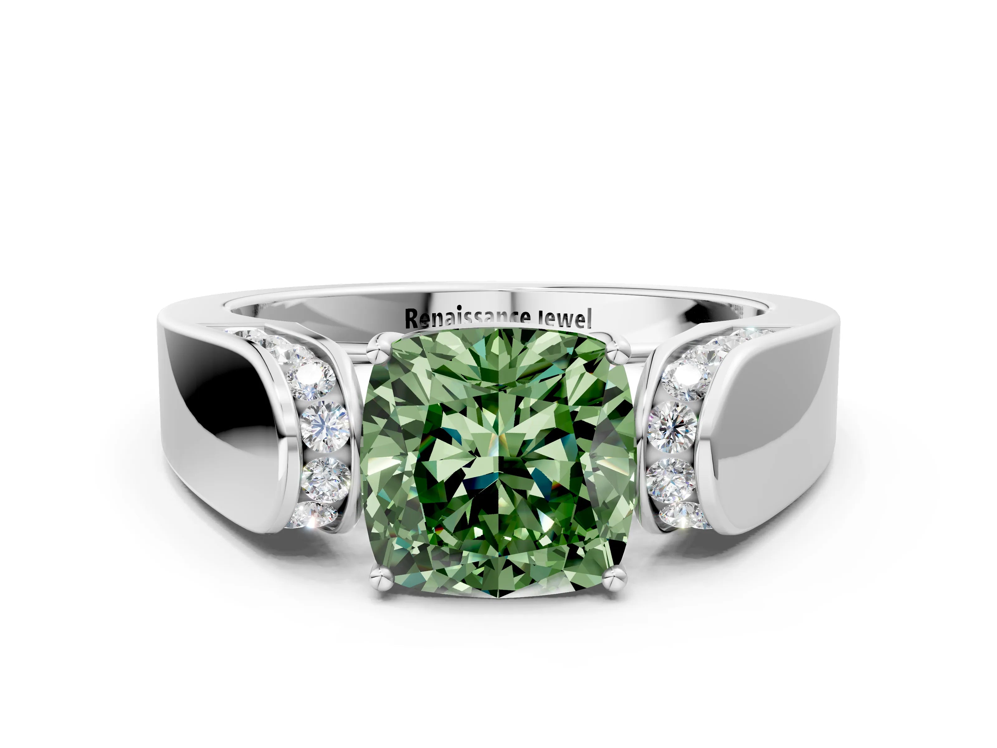 White gold Fancy Green Cushion Cut Cut Diamond Channel Set Solitaire Ring with Four-Prong Setting