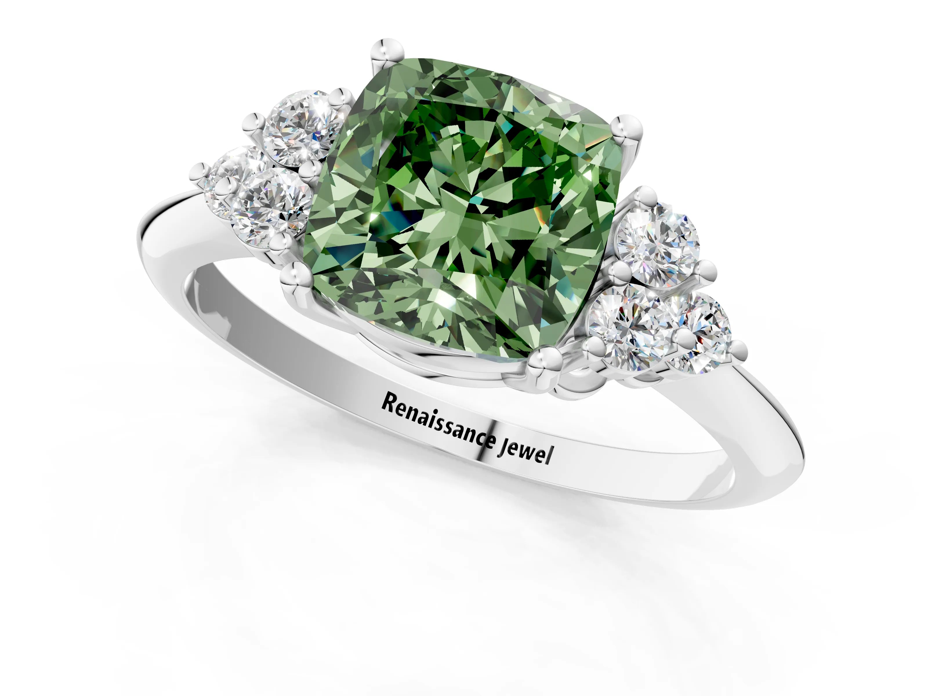White gold Fancy Green Cushion Cut Cut Diamond Cluster Ring with Solitaire Band and Four-Prong Setting_13