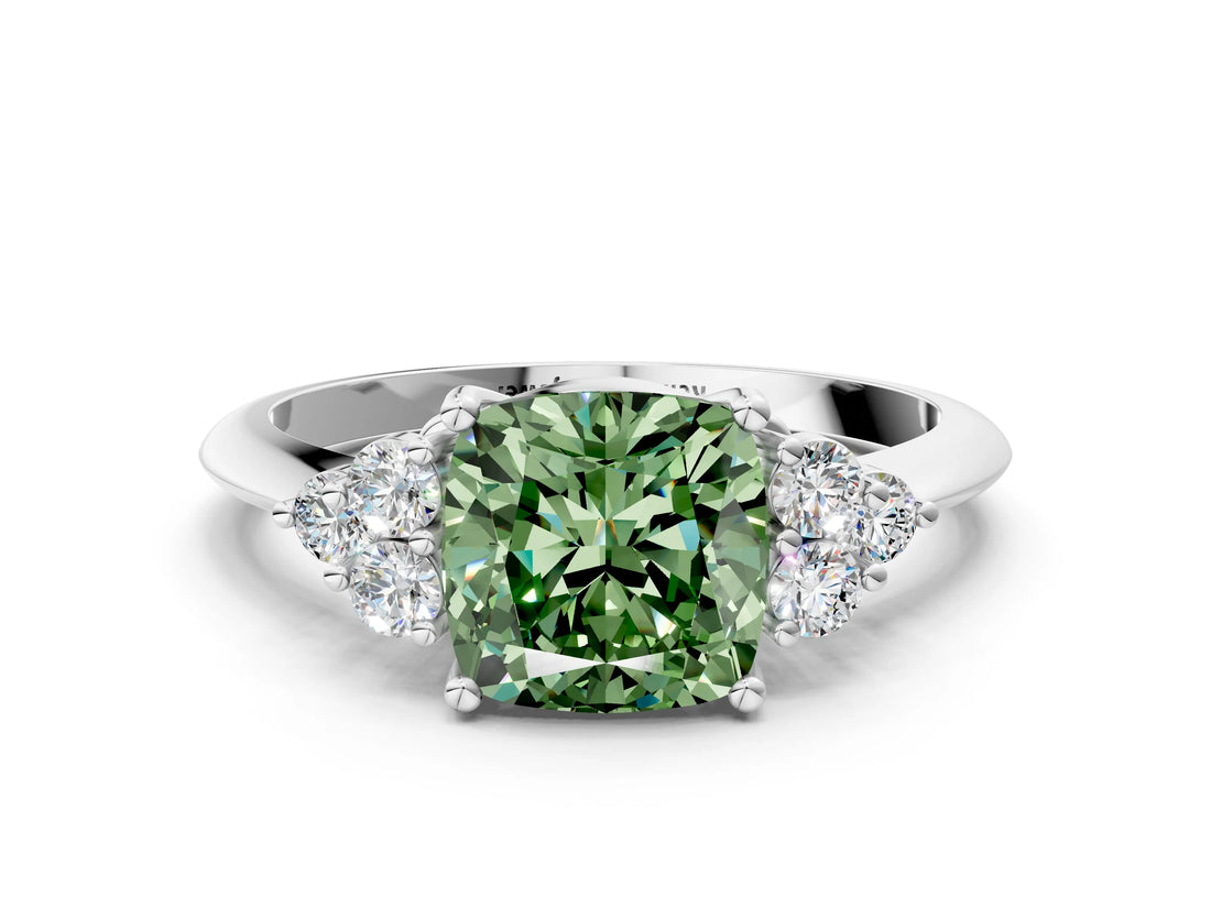 White gold Fancy Green Cushion Cut Cut Diamond Cluster Ring with Solitaire Band and Four-Prong Setting_24