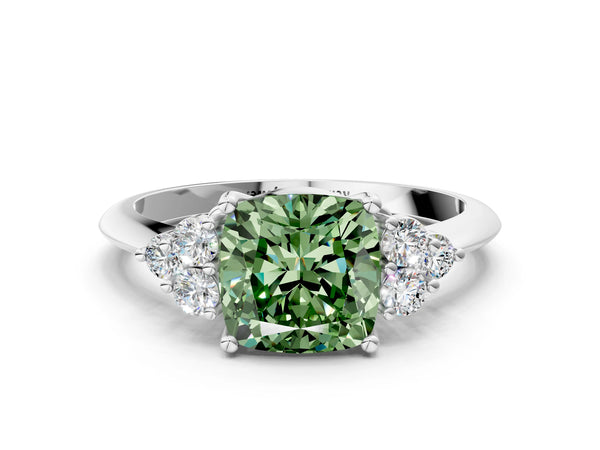 White gold Fancy Green Cushion Cut Cut Diamond Cluster Ring with Solitaire Band and Four-Prong Setting