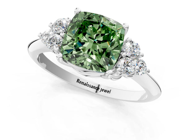White gold Fancy Green Cushion Cut Cut Diamond Cluster Ring with Solitaire Band and Four-Prong Setting