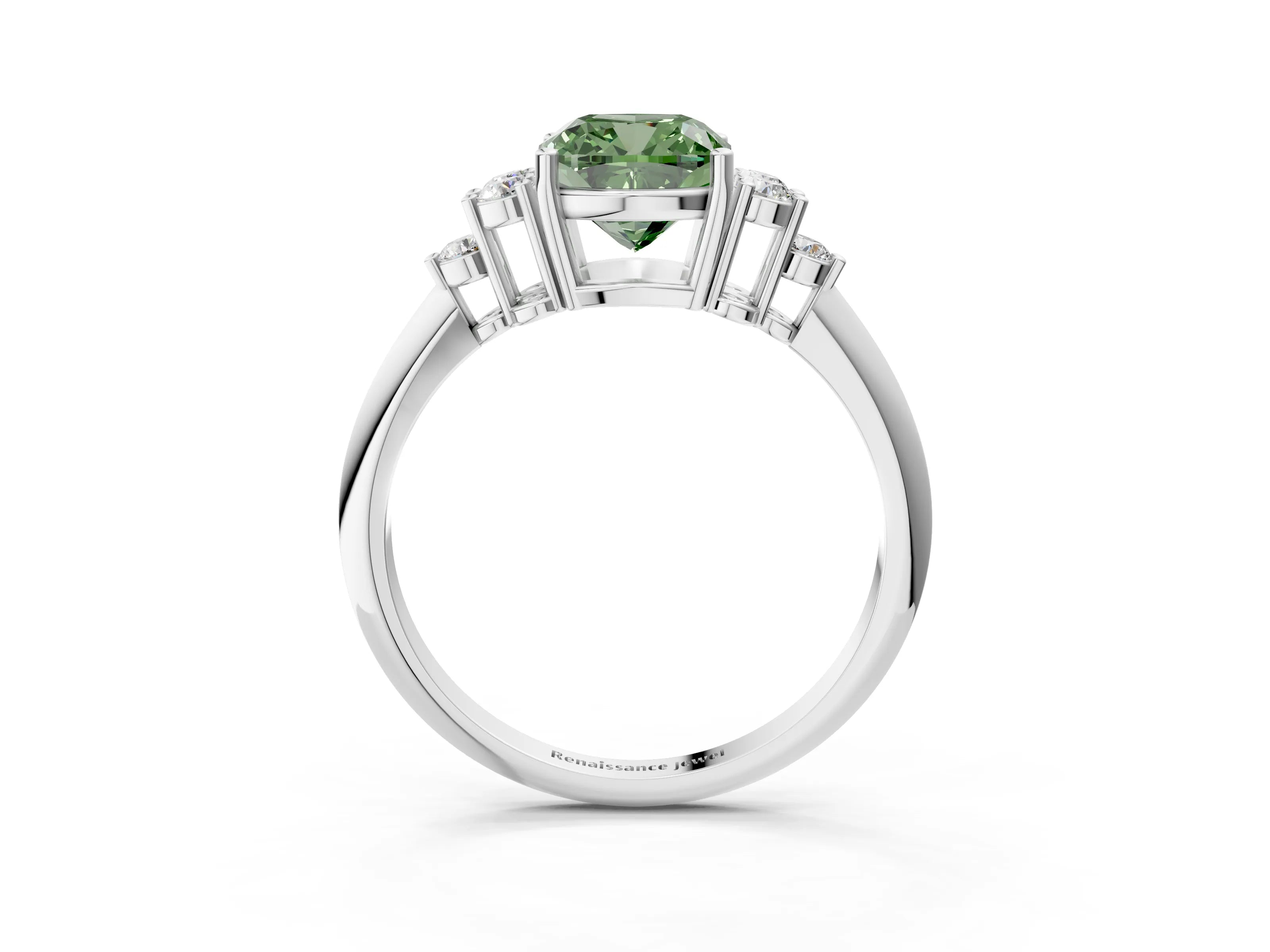 White gold Fancy Green Cushion Cut Cut Diamond Cluster Ring with Solitaire Band and Four-Prong Setting_27