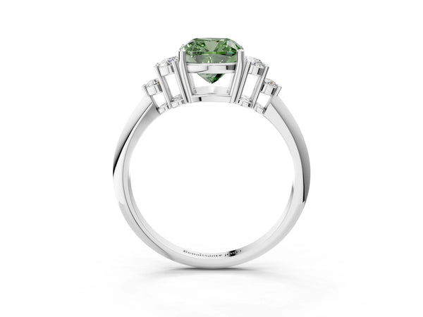 White gold Fancy Green Cushion Cut Cut Diamond Cluster Ring with Solitaire Band and Four-Prong Setting