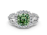 White gold Fancy Green Cushion Cut Cut Diamond Halo Engagement Ring with Open Split Pavé Band