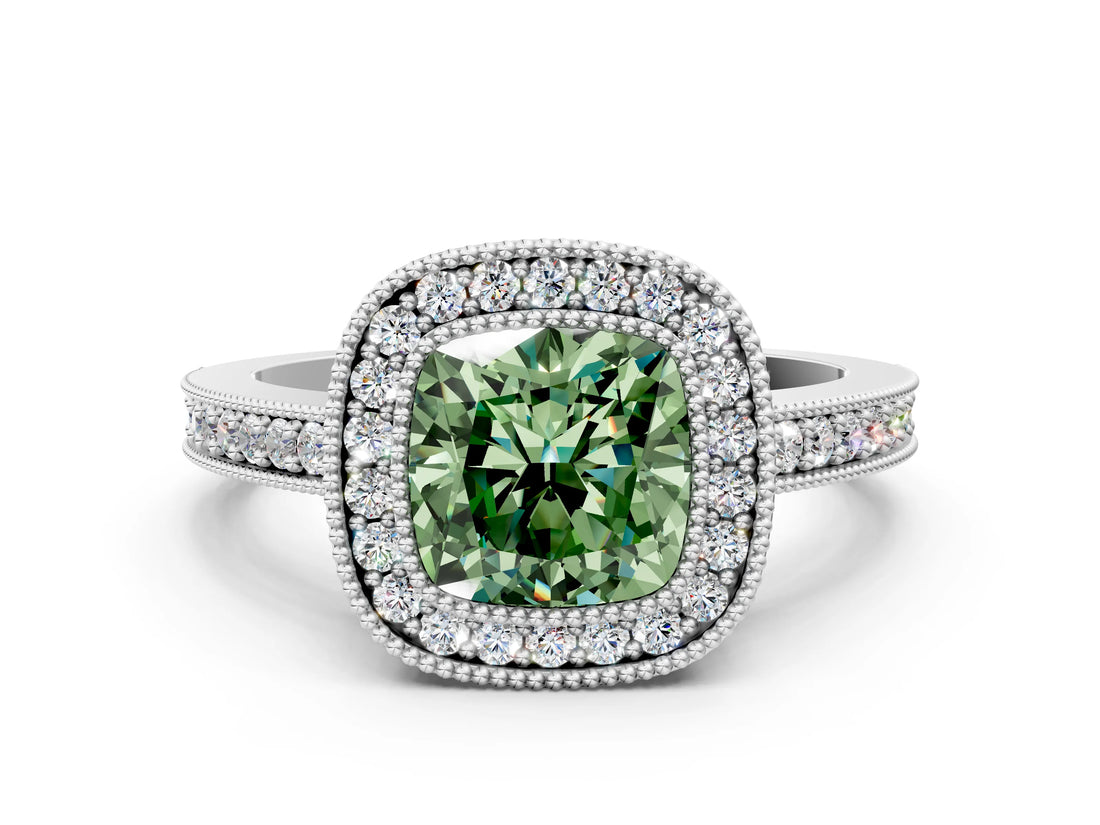 White gold Fancy Green Cushion Cut-Cut Diamond Halo Engagement Ring with Pave Band and Prong Setting