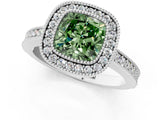 White gold Fancy Green Cushion Cut-Cut Diamond Halo Engagement Ring with Pave Band and Prong Setting_1