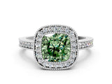 White gold Fancy Green Cushion Cut-Cut Diamond Halo Engagement Ring with Pave Band and Prong Setting