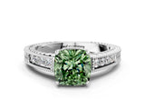 White gold Fancy Green Cushion Cut Cut Diamond Milgrain Pave Band Four-Prong Setting Ring_39