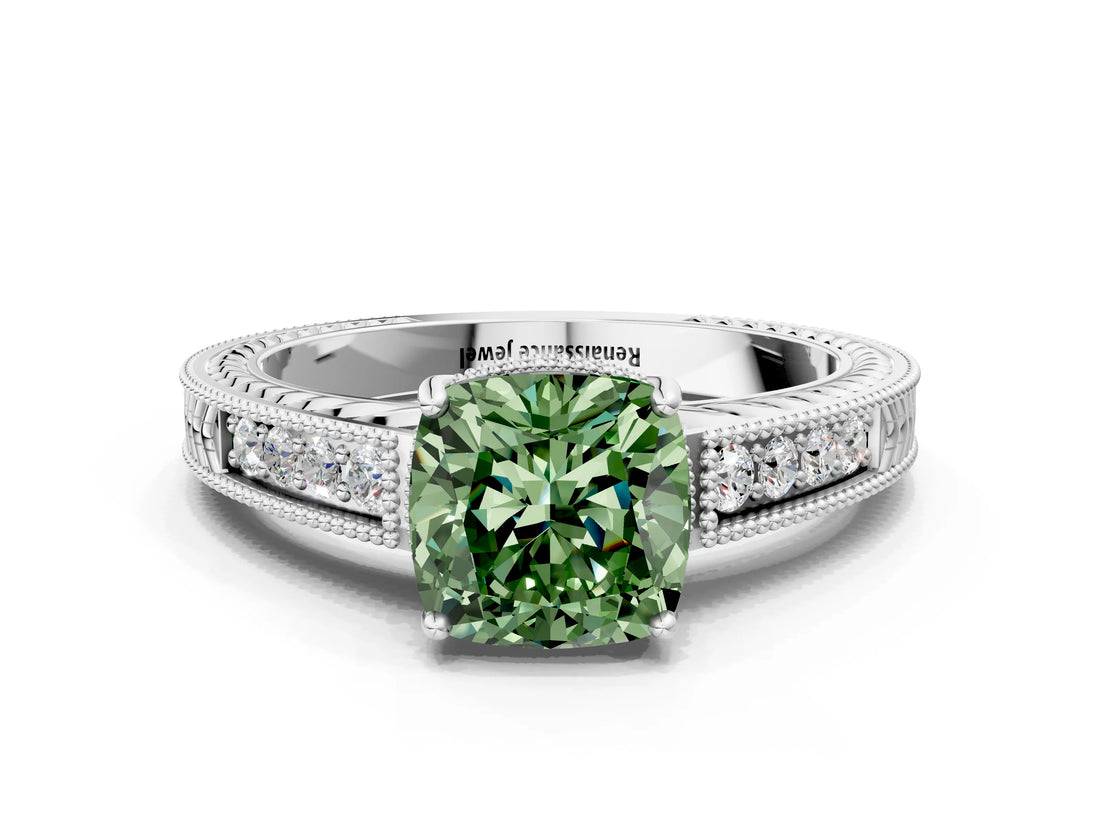 White gold Fancy Green Cushion Cut Cut Diamond Milgrain Pave Band Four-Prong Setting Ring_39
