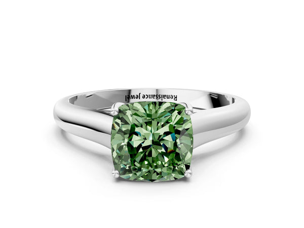 White gold Fancy Green Cushion Cut Cut Diamond Solitaire Engagement Ring with Tapered Plain Band and Four-Prong Setting