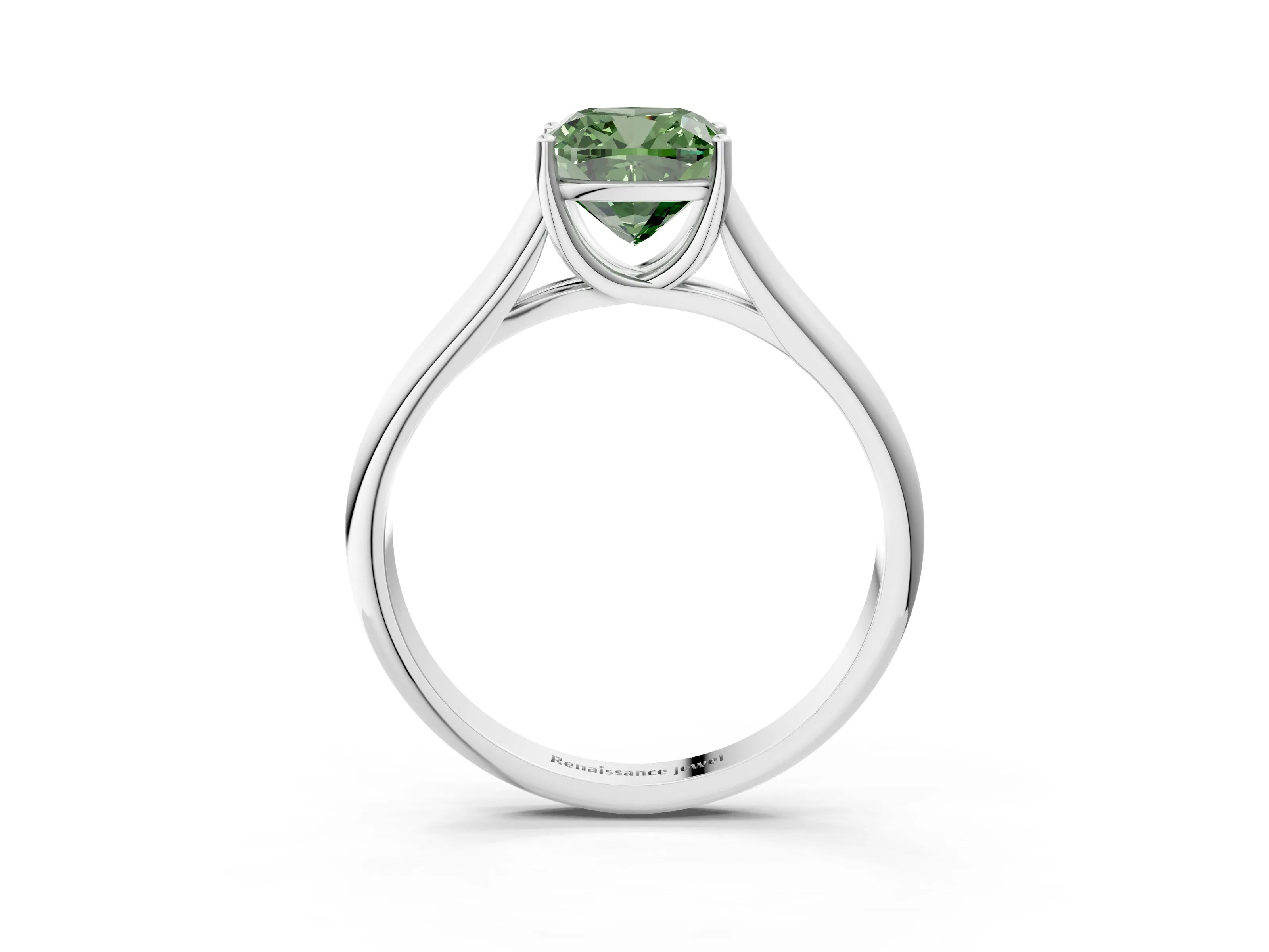 White gold Fancy Green Cushion Cut Cut Diamond Solitaire Engagement Ring with Tapered Plain Band and Four-Prong Setting_15