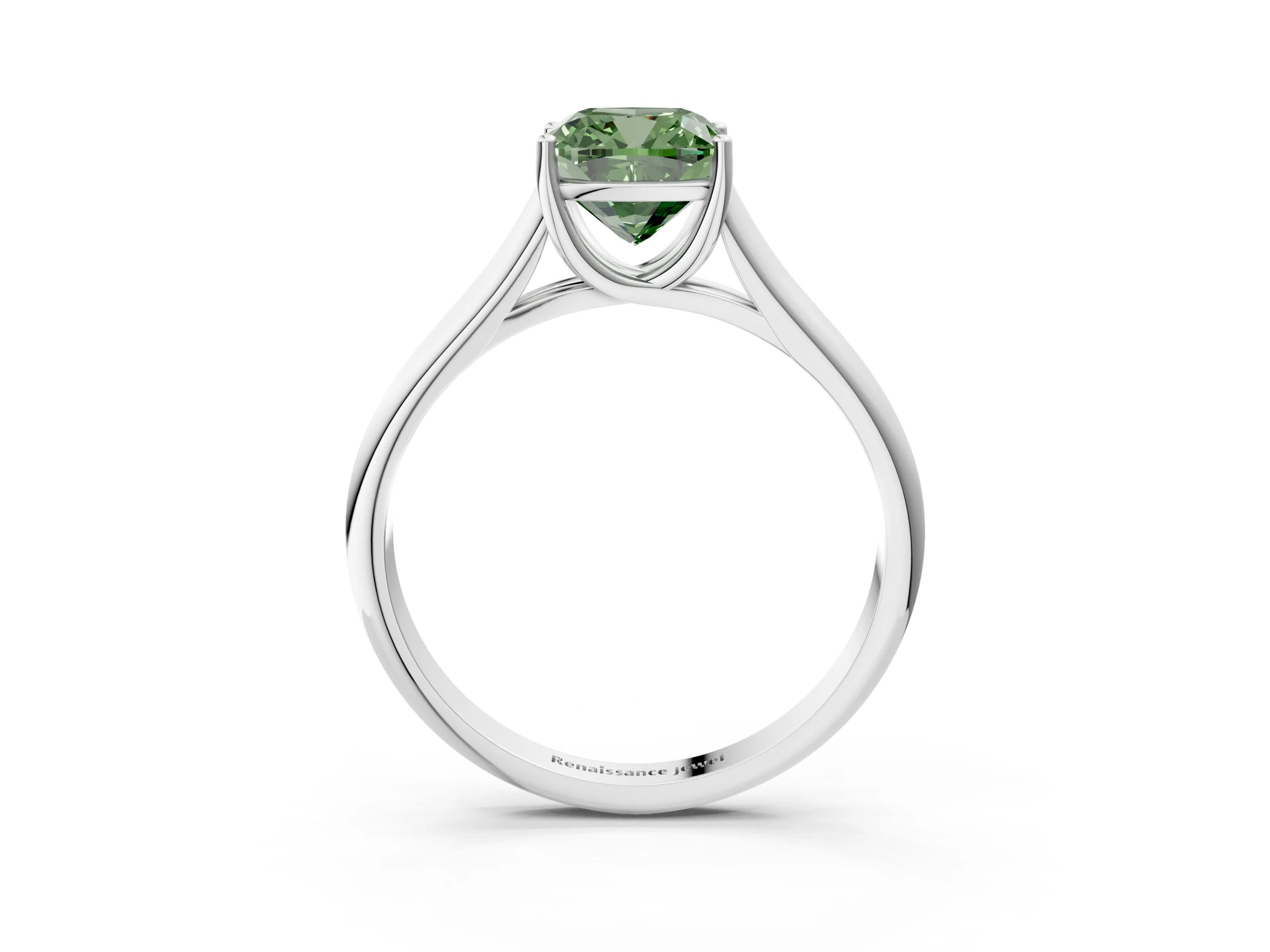 White gold Fancy Green Cushion Cut Cut Diamond Solitaire Engagement Ring with Tapered Plain Band and Four-Prong Setting_3