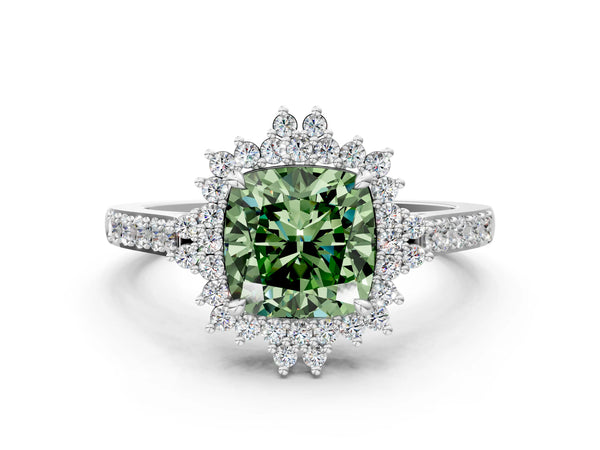 White gold Fancy Green Cushion Cut Cut Diamond Sunburst Halo Engagement Ring with Pavé Band