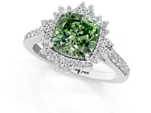 White gold Fancy Green Cushion Cut Cut Diamond Sunburst Halo Engagement Ring with Pavé Band_13