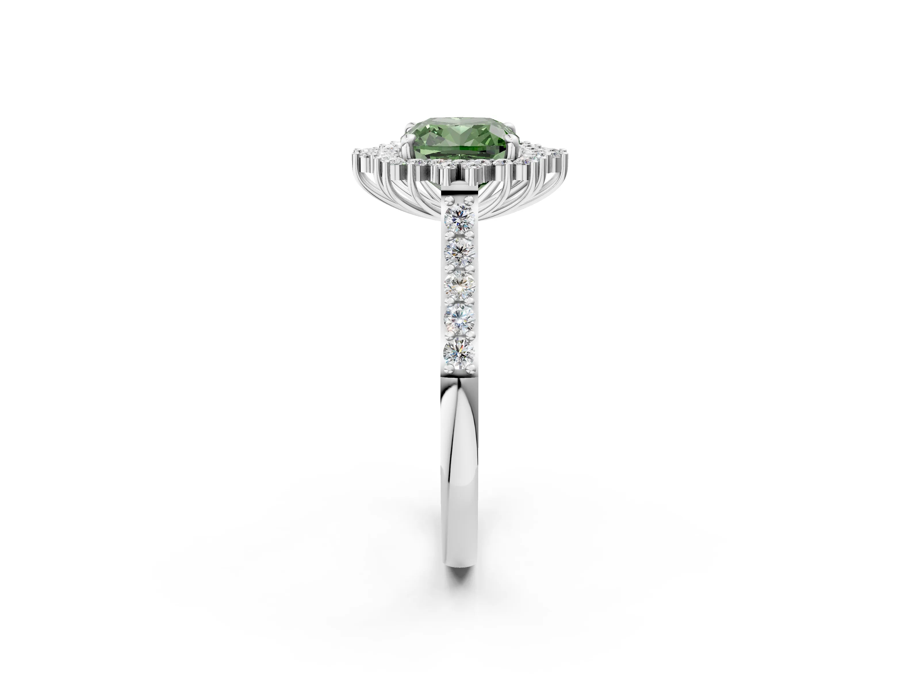 White gold Fancy Green Cushion Cut Cut Diamond Sunburst Halo Engagement Ring with Pavé Band_14