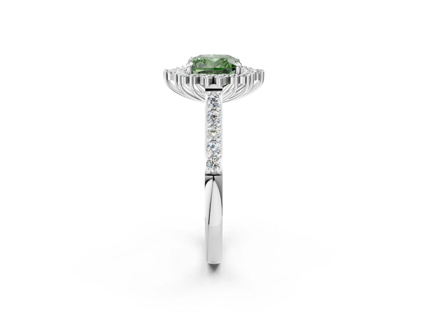 White gold Fancy Green Cushion Cut Cut Diamond Sunburst Halo Engagement Ring with Pavé Band
