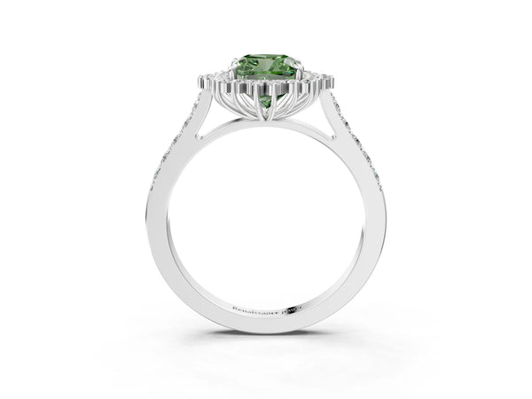 White gold Fancy Green Cushion Cut Cut Diamond Sunburst Halo Engagement Ring with Pavé Band