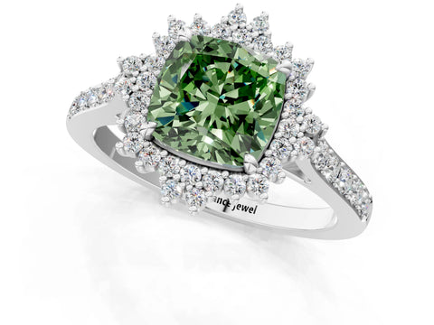 White gold Fancy Green Cushion Cut Cut Diamond Sunburst Halo Engagement Ring with Pavé Band_1