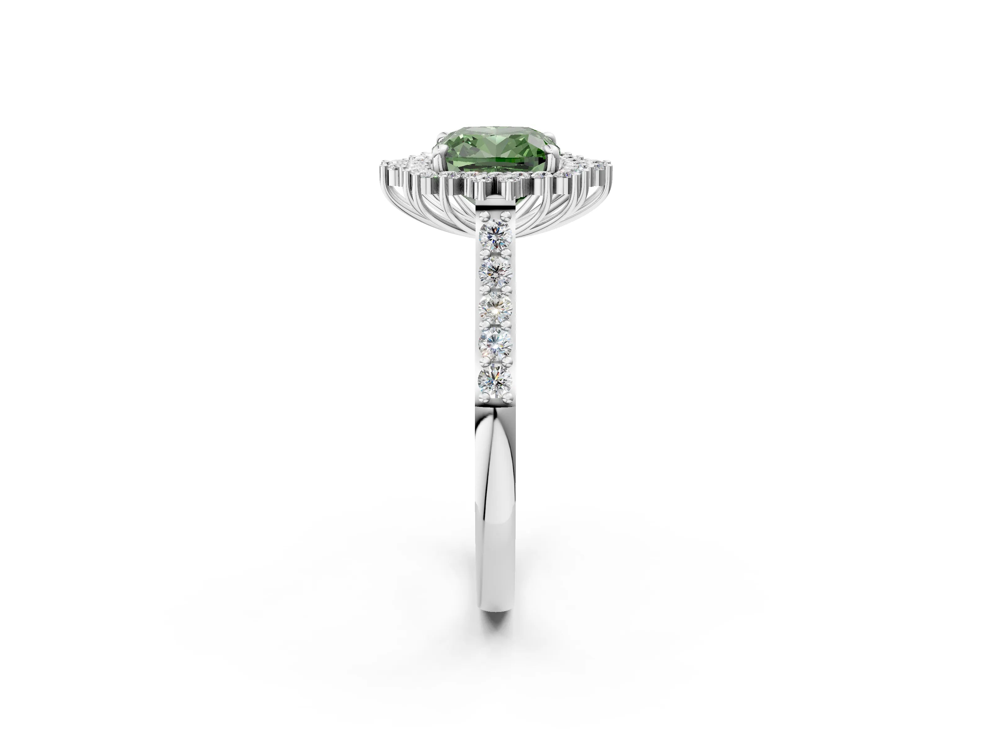 White gold Fancy Green Cushion Cut Cut Diamond Sunburst Halo Engagement Ring with Pavé Band_2