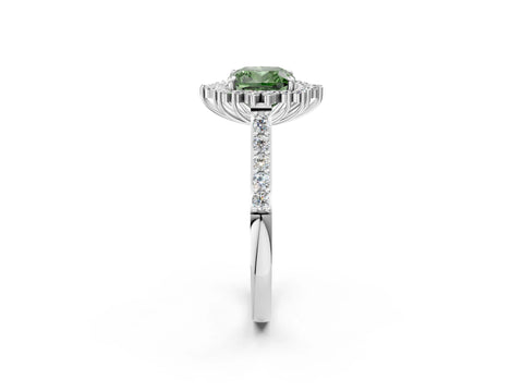White gold Fancy Green Cushion Cut Cut Diamond Sunburst Halo Engagement Ring with Pavé Band_2