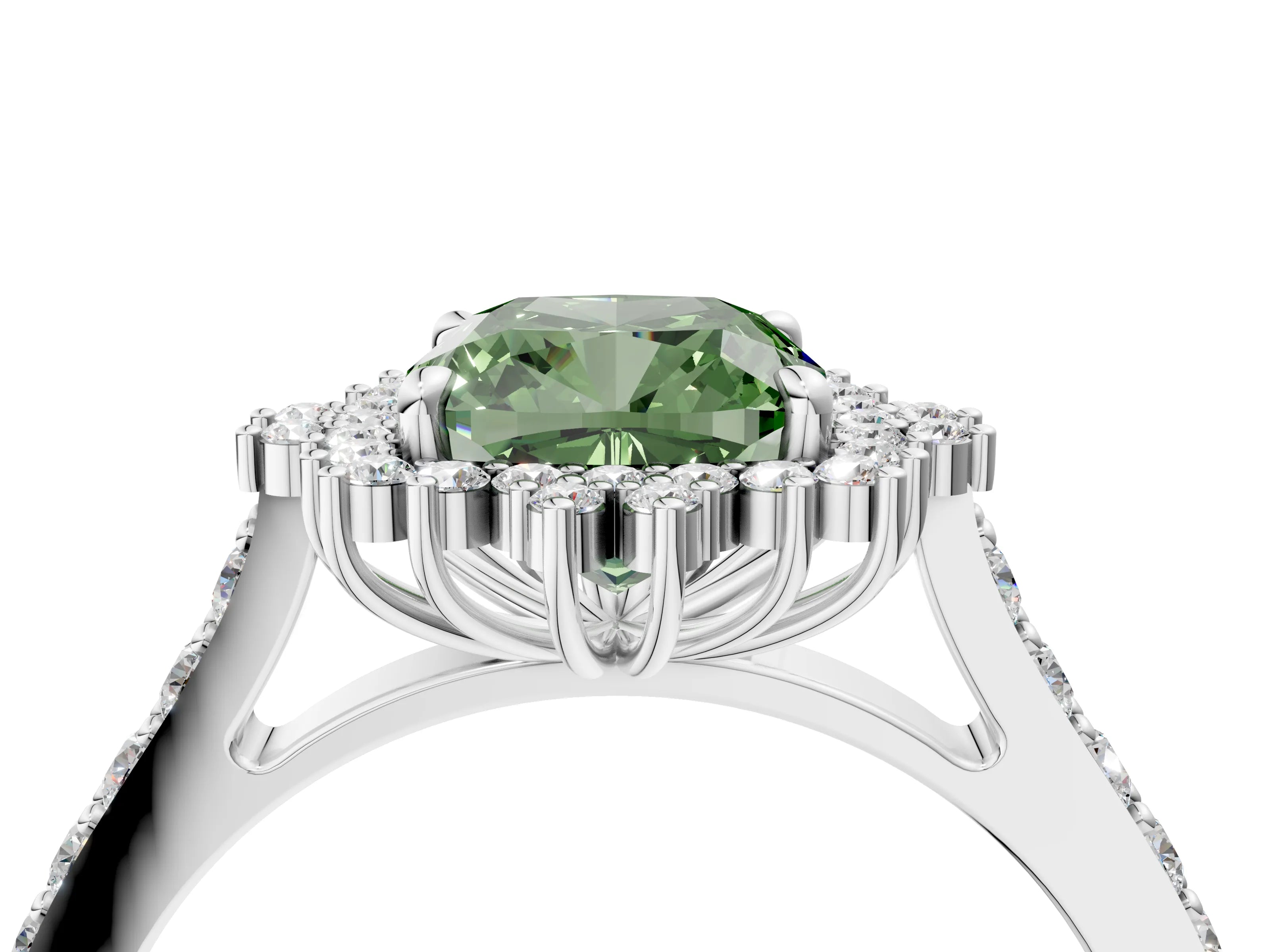 White gold Fancy Green Cushion Cut Cut Diamond Sunburst Halo Engagement Ring with Pavé Band_4