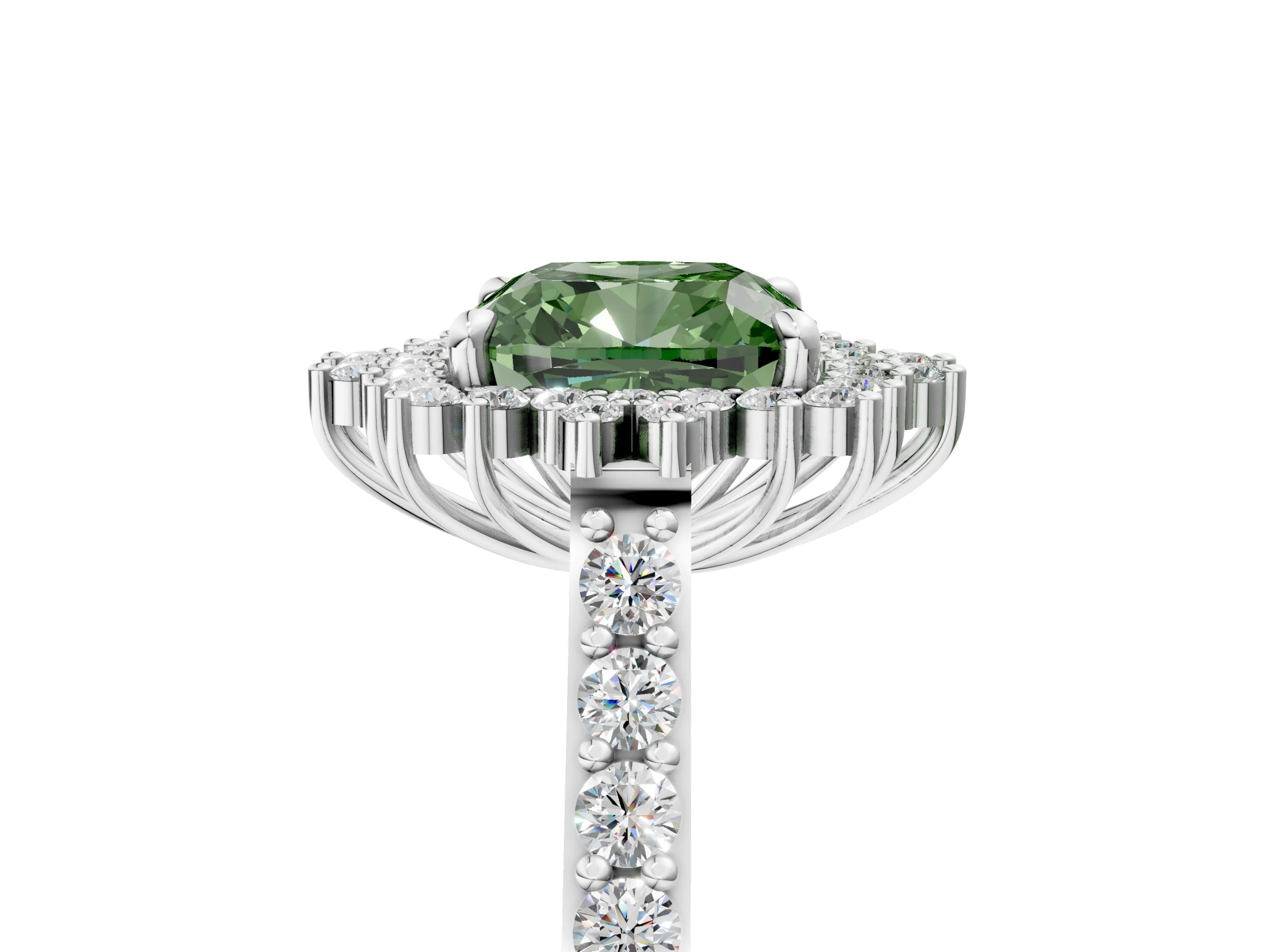 White gold Fancy Green Cushion Cut Cut Diamond Sunburst Halo Engagement Ring with Pavé Band_5