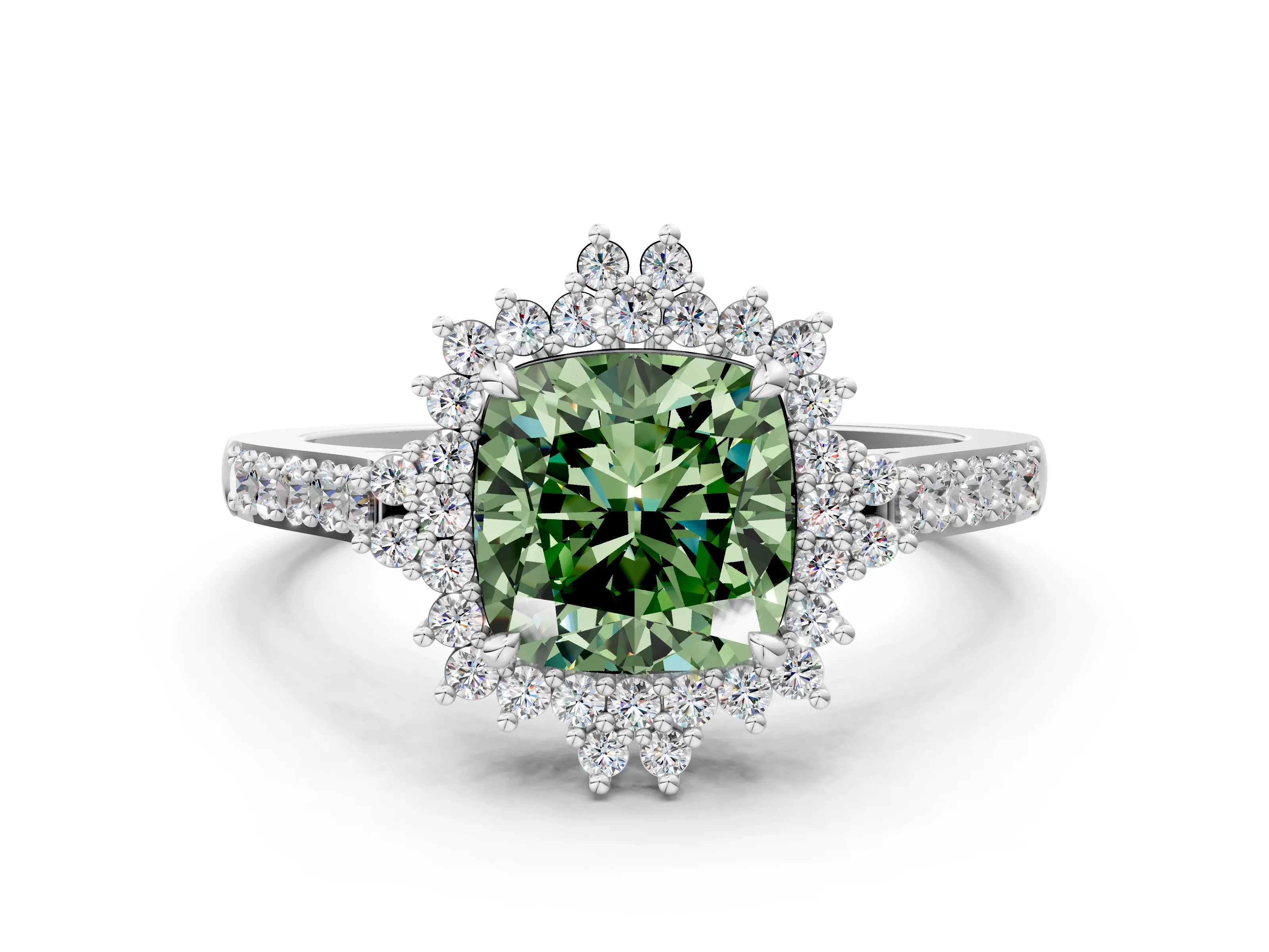 White gold Fancy Green Cushion Cut Cut Diamond Sunburst Halo Engagement Ring with Pavé Band