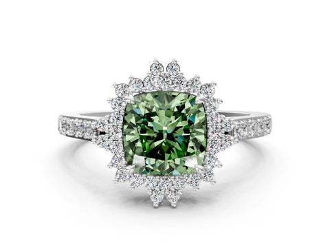 White gold Fancy Green Cushion Cut Cut Diamond Sunburst Halo Engagement Ring with Pavé Band