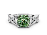 White gold Fancy Green Cushion Cut Cut Diamond Twisted Band with Milgrain Pave Setting and Four-Prong Setting