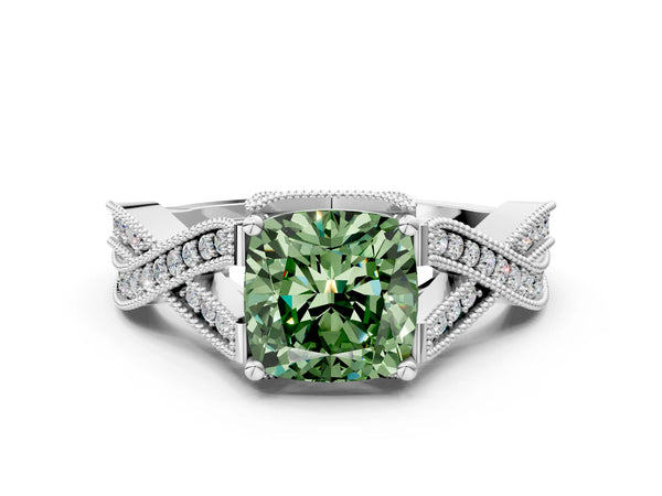 Platinum Cushion Cut Graduated Pave Twist Engagement Ring Setting for Fancy Green Center