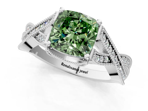 White gold Fancy Green Cushion Cut Cut Diamond Twisted Band with Milgrain Pave Setting and Four-Prong Setting_1