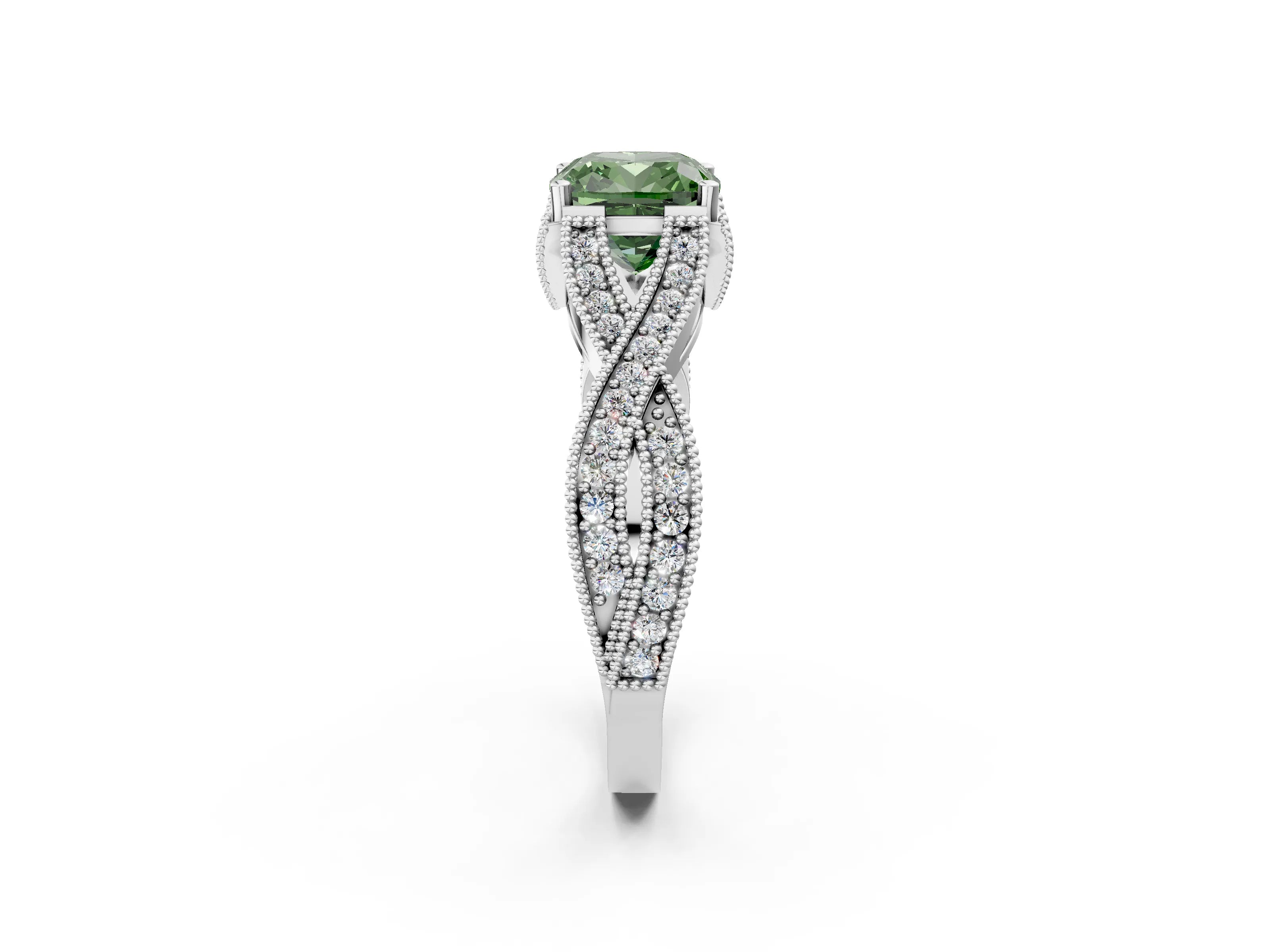 White gold Fancy Green Cushion Cut Cut Diamond Twisted Band with Milgrain Pave Setting and Four-Prong Setting_2
