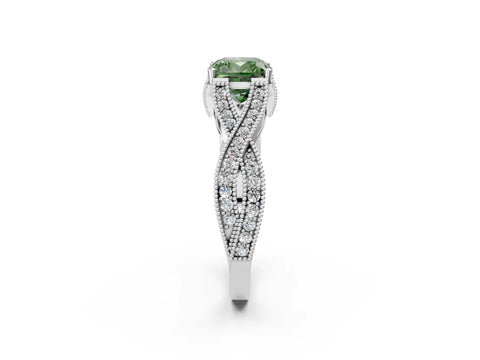 White gold Fancy Green Cushion Cut Cut Diamond Twisted Band with Milgrain Pave Setting and Four-Prong Setting_2