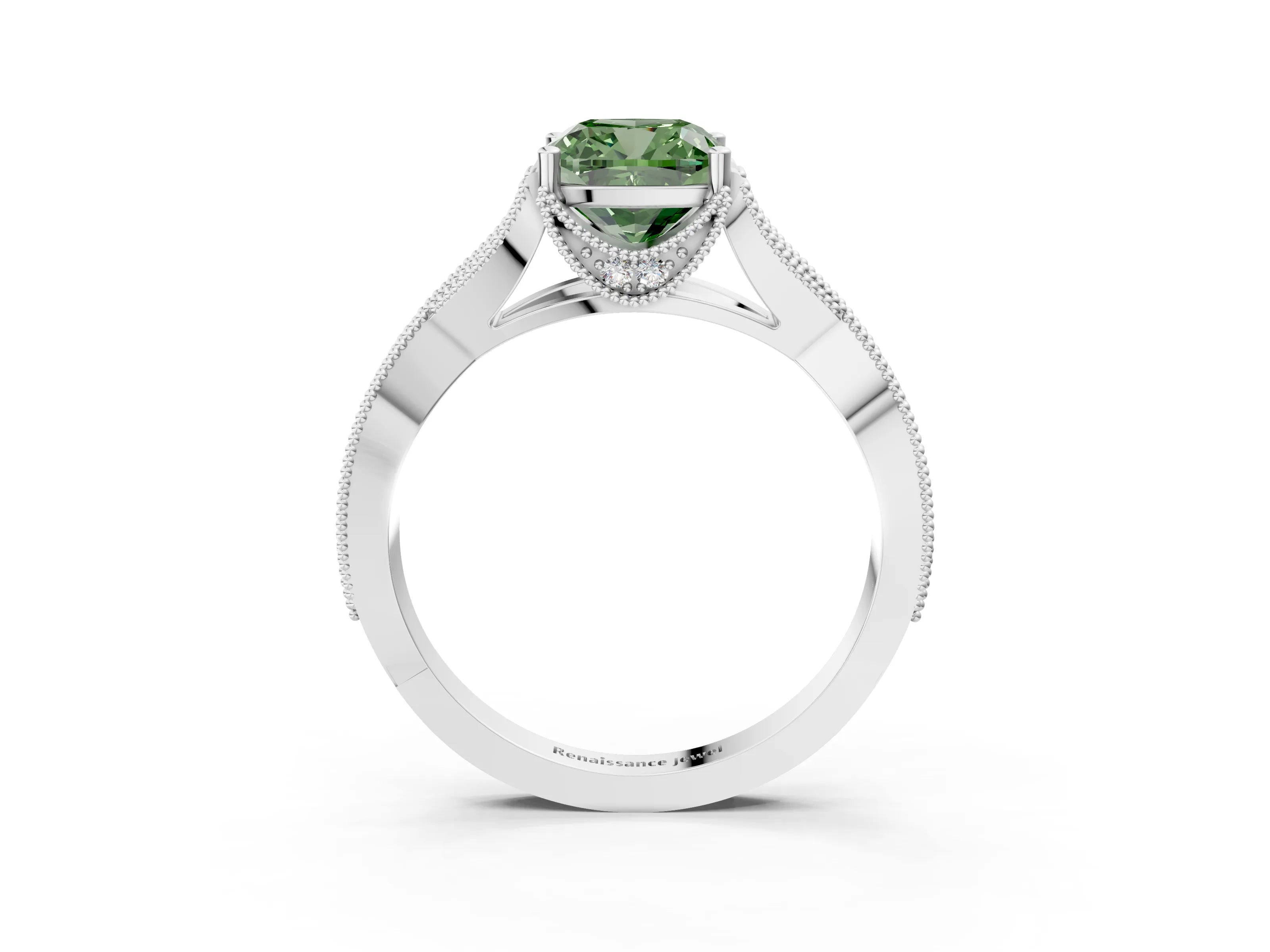 White gold Fancy Green Cushion Cut Cut Diamond Twisted Band with Milgrain Pave Setting and Four-Prong Setting_3