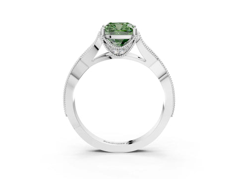 White gold Fancy Green Cushion Cut Cut Diamond Twisted Band with Milgrain Pave Setting and Four-Prong Setting_3